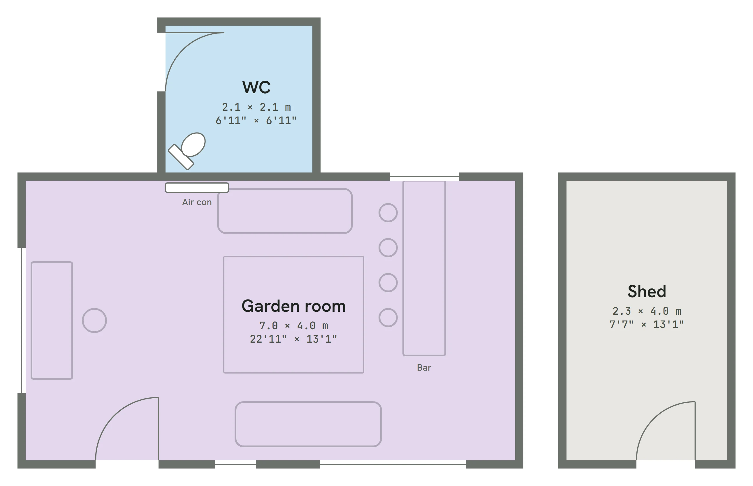 Garden room, attached WC and shed plan, with sizes